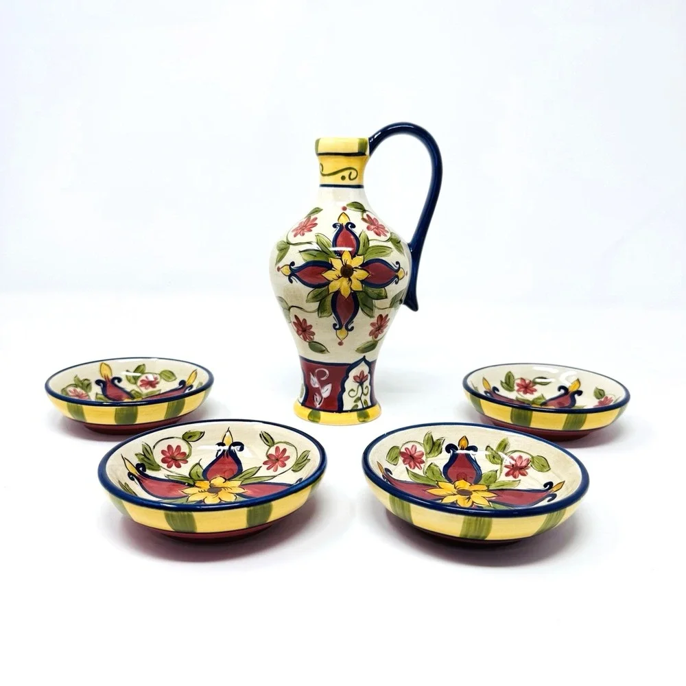 Pier 1 Vallarta Hand Painted Earthenware Oil Cruet & 4 Dip Bowls Floral Colorful